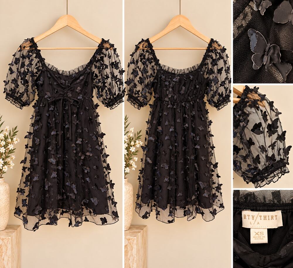 Black Butterfly Appliqué Off Shoulder Mini Dress Sheer Puff Sleeves